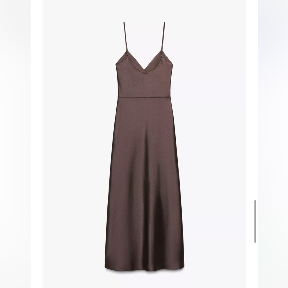 Zara NWT ruched satin effect midi dress brown 8394/331 - Picture 7 of 11